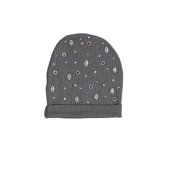 Grey Ribbed Beanie with Rhinestones & Red Stone Details