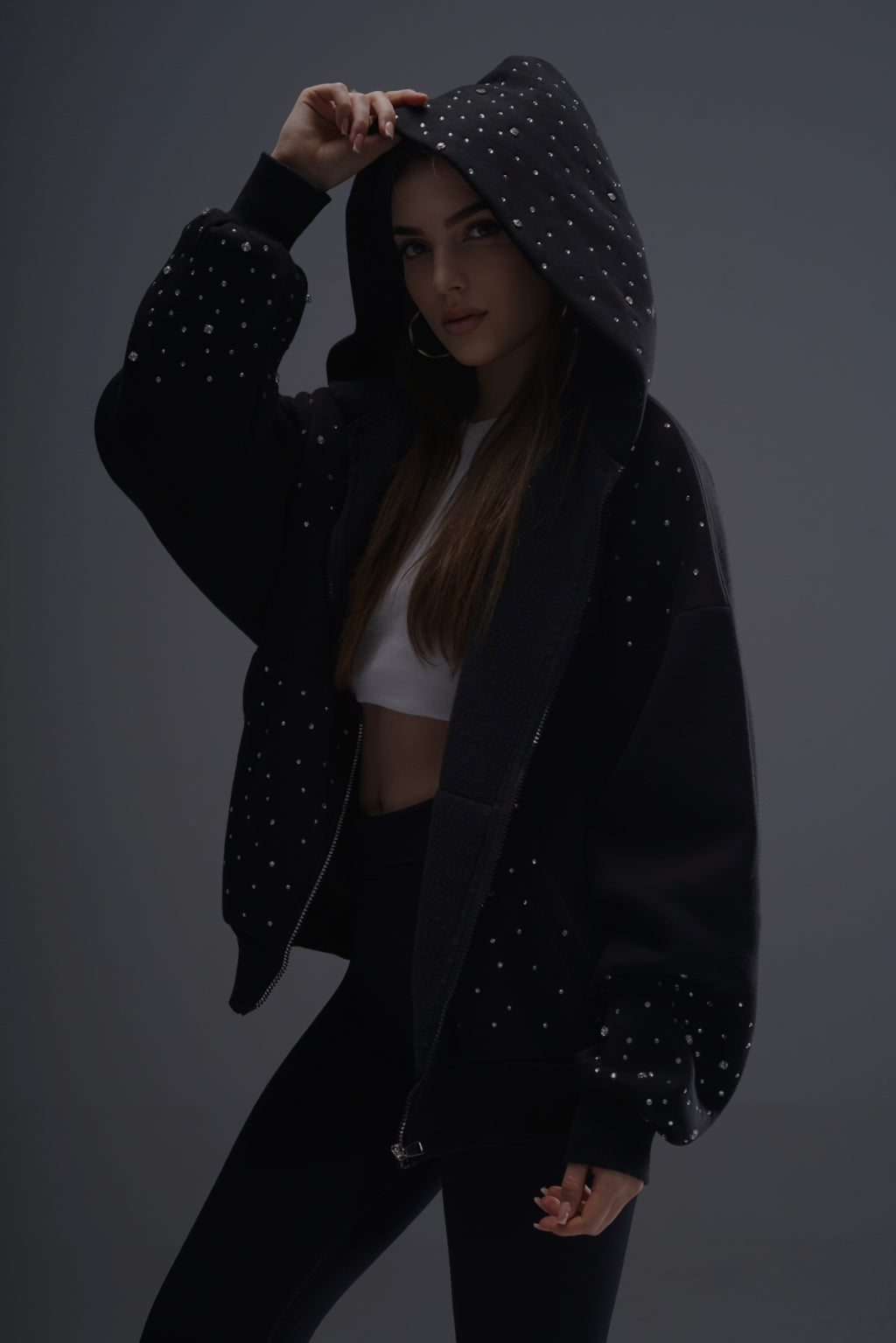Hand-Made Rhinestone Zip Hoodie