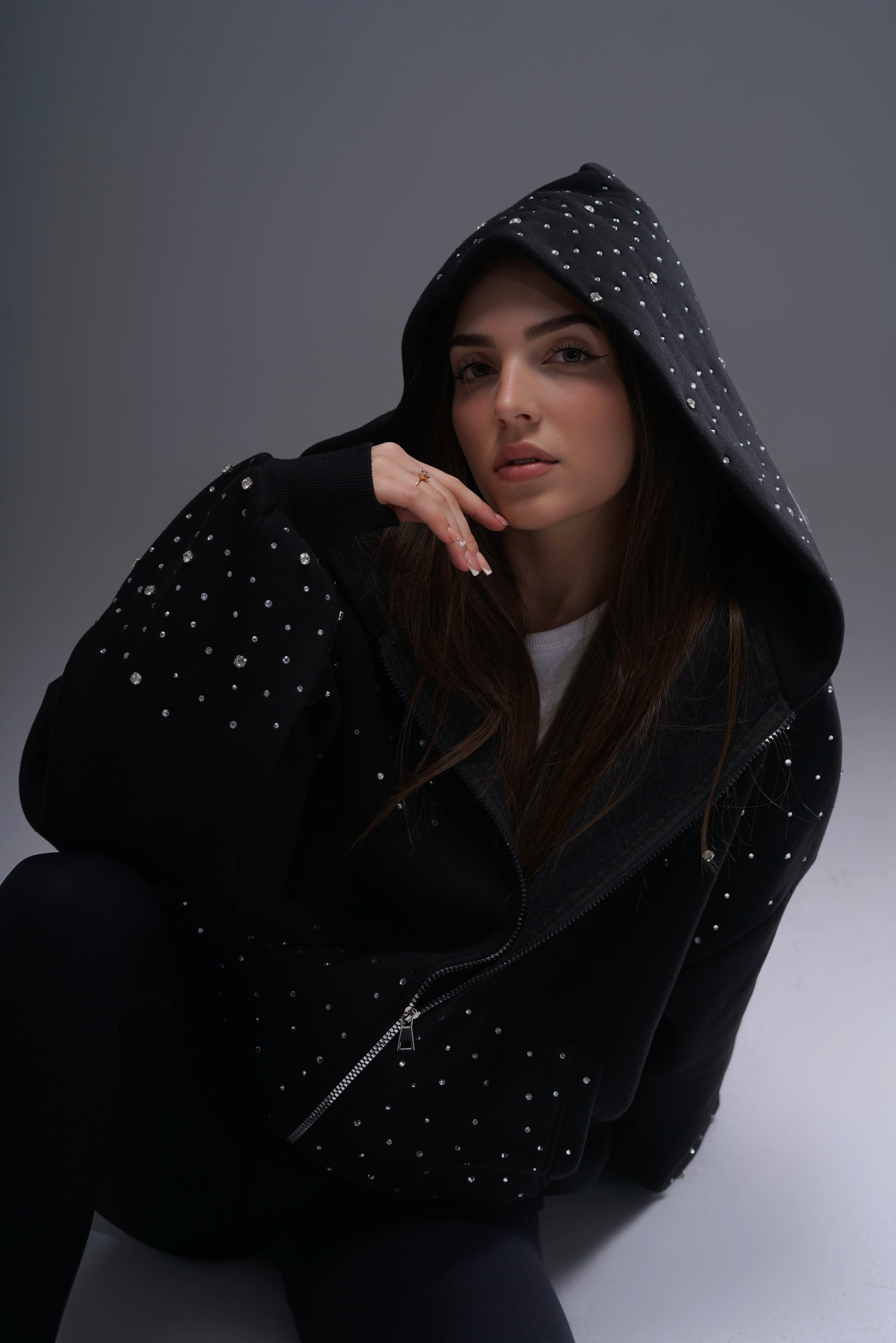 Hand-Made Rhinestone Zip Hoodie