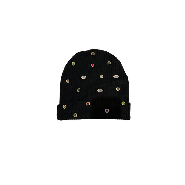 Black Ribbed Beanie with Multicolor Stone Details