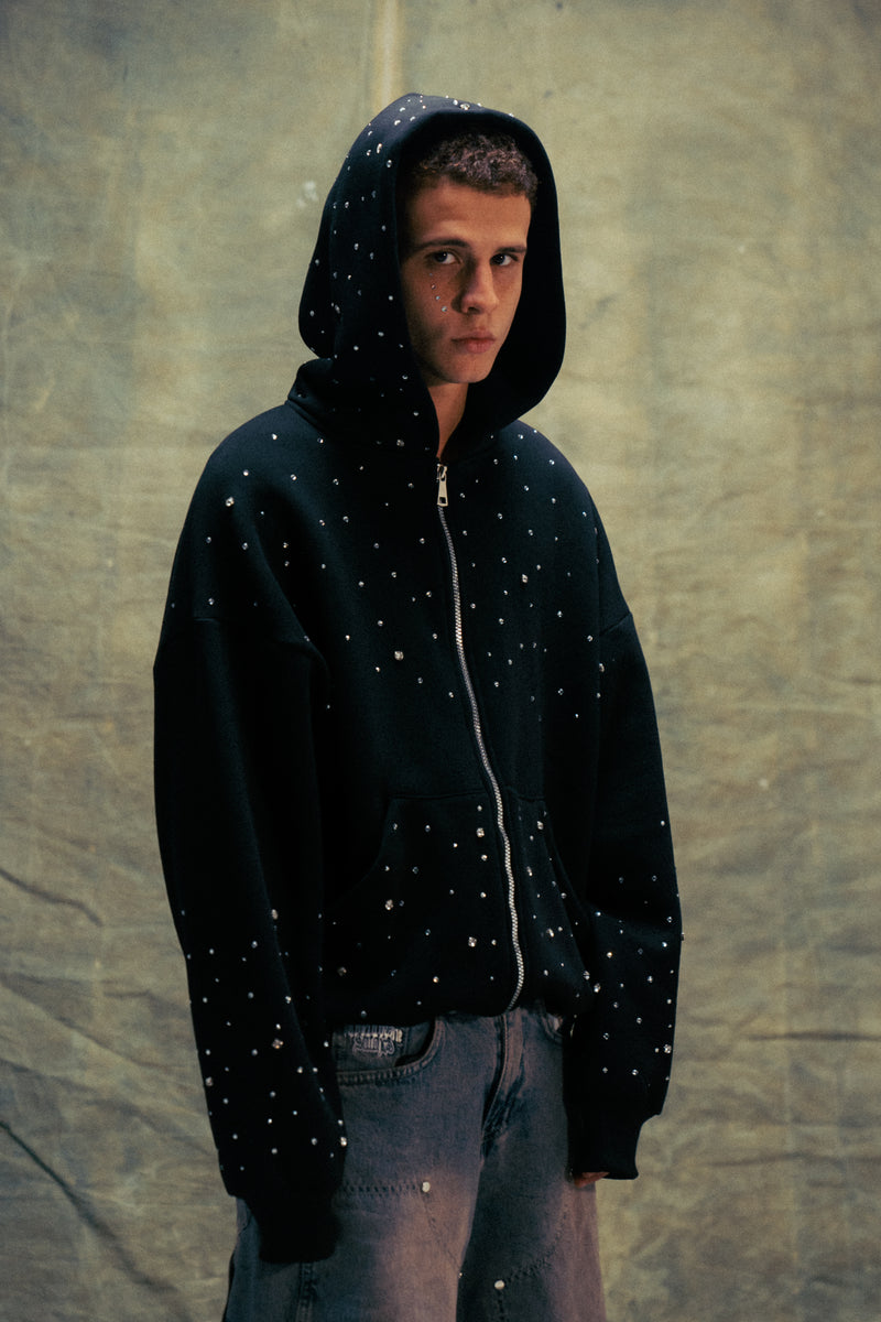 Hand-Made Rhinestone Zip Hoodie